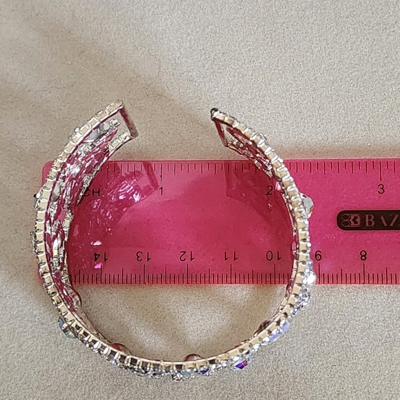 Silver Open Cuff Glam Bracelet Iridescent and Clear Crystal Design - Picture 6 of 8